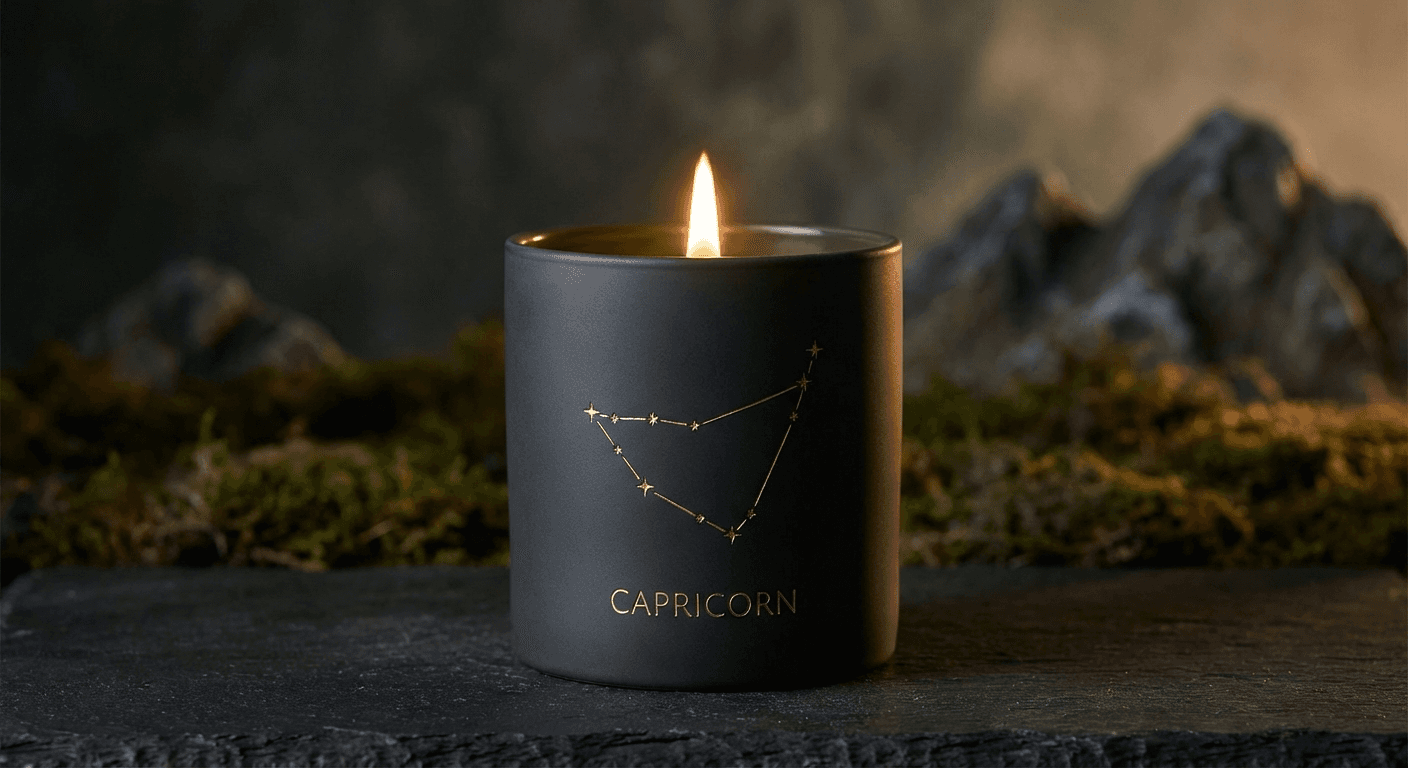Capricorn zodiac candle — Ascend to the summit. Scent notes: Vetiver, Pine Needle, Black Truffle, Aged Oak