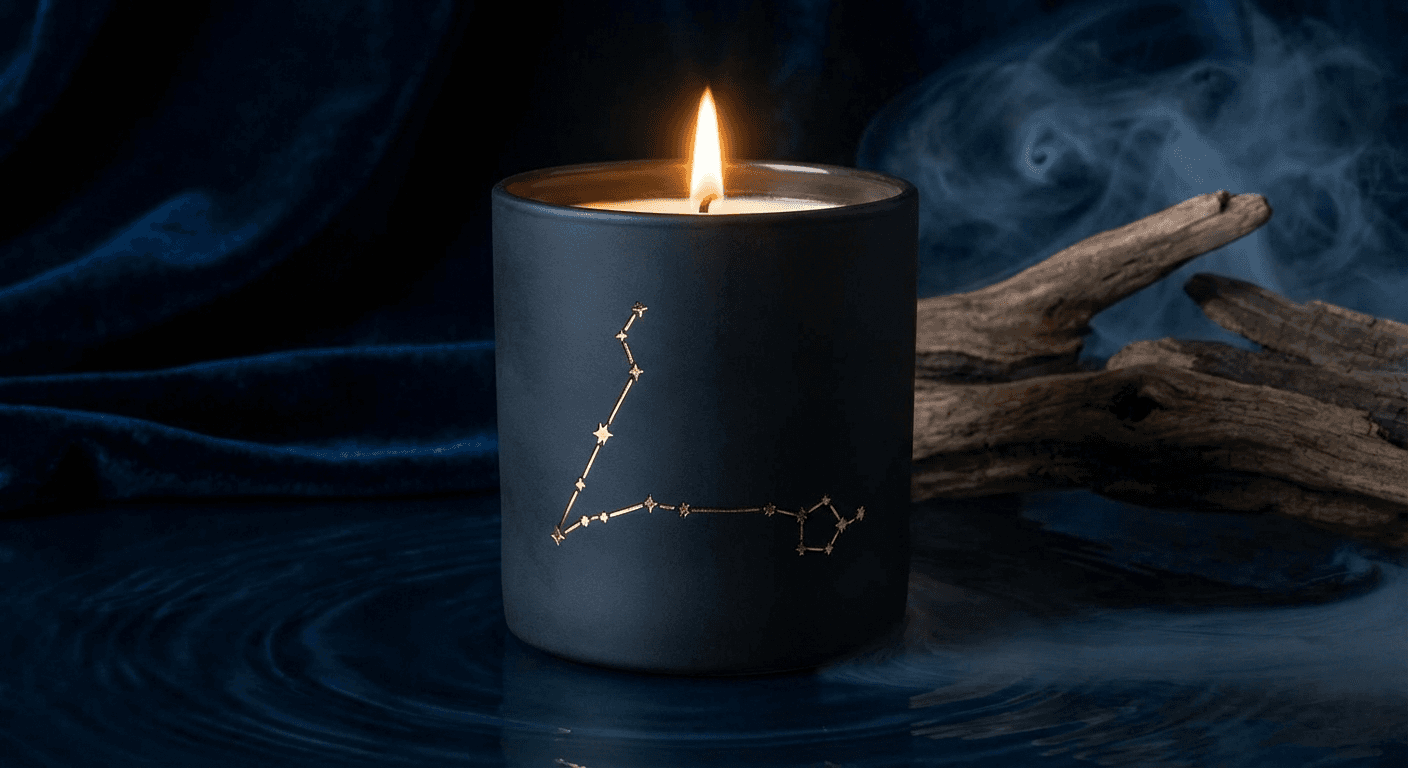 Pisces zodiac candle — Surrender to the dream. Scent notes: Ocean Mist, Water Lily, Driftwood, Ambergris