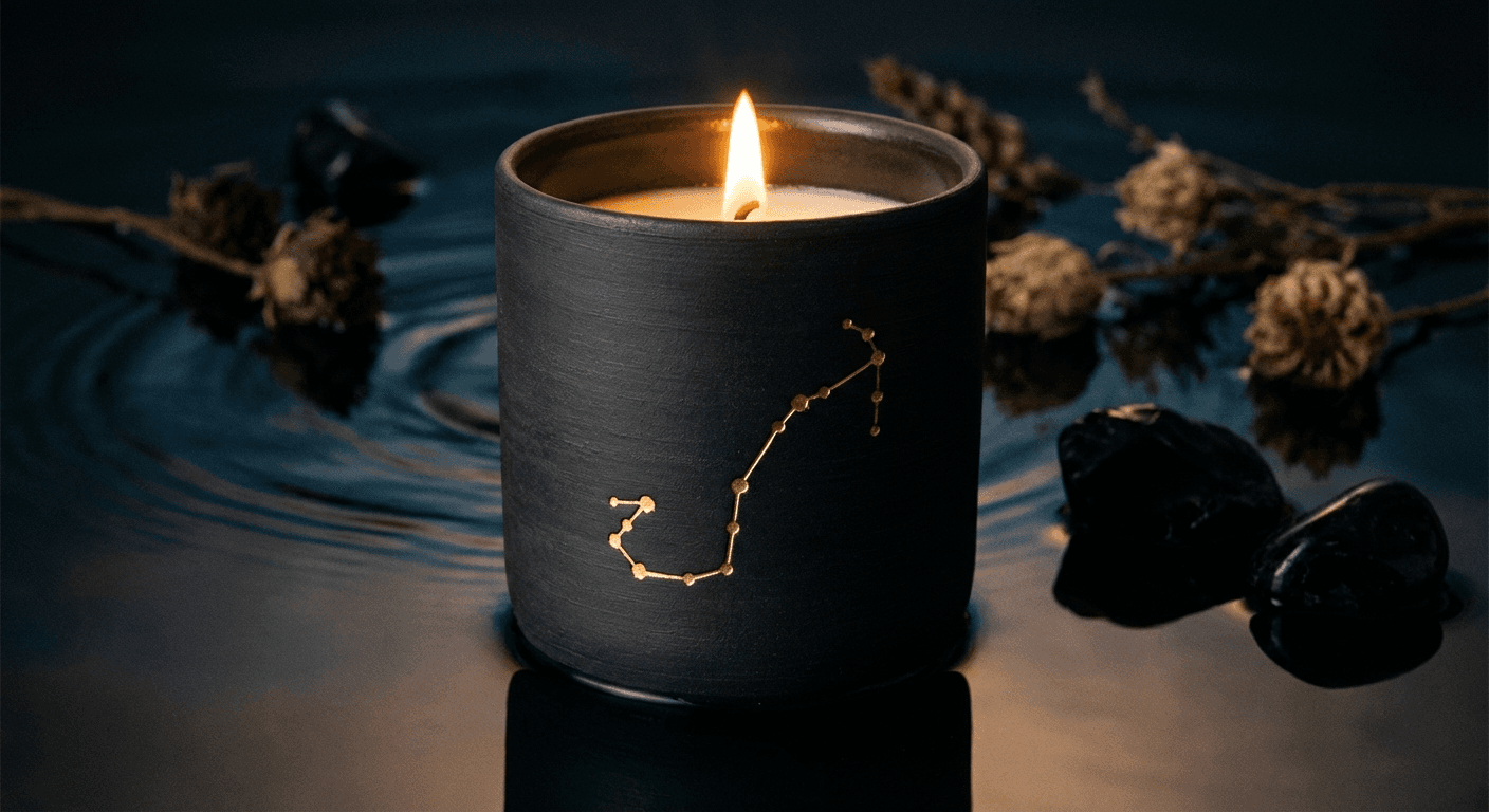 Scorpio zodiac candle — Descend into the depths. Scent notes: Black Orchid, Oud, Dark Plum, Patchouli
